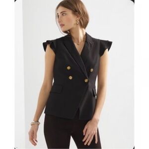 WHBM‎ Flounce Flutter Sleeve Black Double-Breasted Blazer Military Gold Buttons